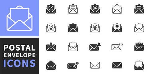 Set of mail envelope icon. Closed envelope, opened letter, with checkmark and email. E-mail icon, sign of an incoming unopened message. Folded and unfolded envelope mockup. Vector illustration