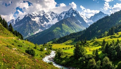 Fototapeta premium Dramatic Mountain Landscape View of River Flowing Through Valley with Snow Capped Peaks and Lush Green Forests Under Partly Cloudy Sky in Bright Sunlight