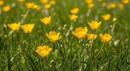 Vibrant Yellow Buttercup Flowers Blooming in a Lush Green Spring Meadow on a Sunny Day with Soft Bokeh Background