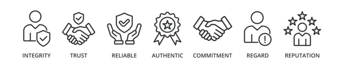 Credibility banner icon with integrity, trust, reliable, authentic, commitment, regard, reputation