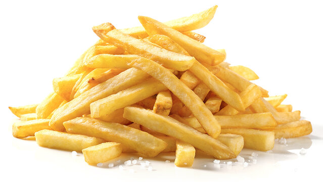 Golden Brown Crispy French Fries Piled High on a Clean White Surface Ready to Be Served as a Delicious Snack or Side Dish