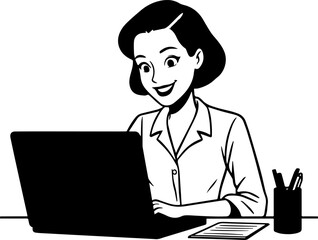 Black and white line art of a beautiful successful career woman working at desk with laptop illustration