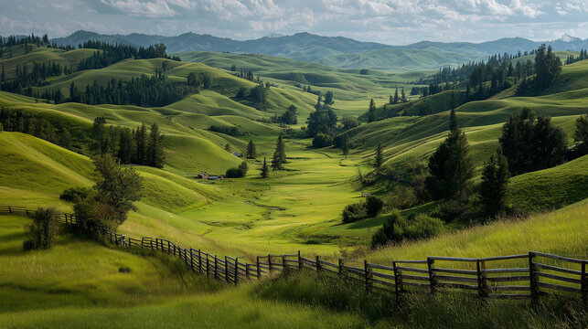 Rolling green hills with trees and a wooden fence under a soft cloudy sky. Peaceful rural landscape bathed in sunlight