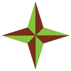 Flat vector compass star icon in green and brown colors, perfect for travel, exploration, and outdoor adventure themes.