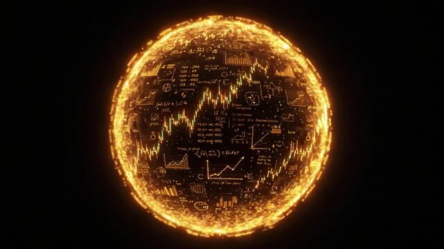 A glowing, spherical data visualization filled with intricate graphs, charts, and mathematical symbols representing financial markets and statistical analysis.