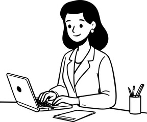 Black and white line art of a beautiful successful career woman working at desk with laptop illustration