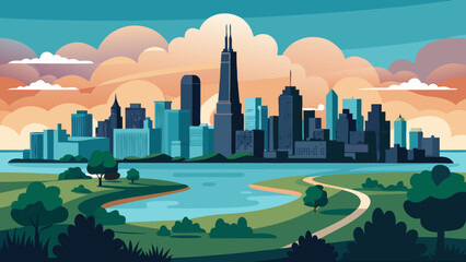 Vector art of a vibrant vector illustration of the chicago skyline, showcasing iconic buildings against a colorful sky and lush green landscape, creating a modern cityscape view