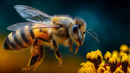 Honey Bee on Yellow Blossoms, Macro, 4K