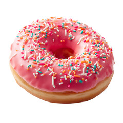 A single donut with pink frosting and colorful sprinkles on a   isolated on transparent background