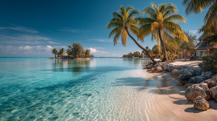 Paradise beach with white sand and coco palms. Summer vacation concept.