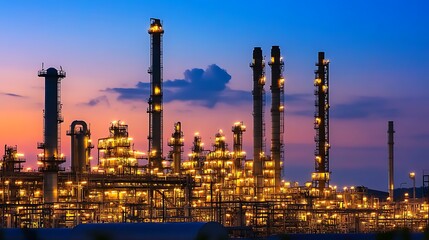 Obraz premium Nighttime oil refinery with glowing industrial lights