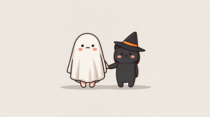 Cute Ghost and Cat in Witch Hat, 3D Toon, 4K