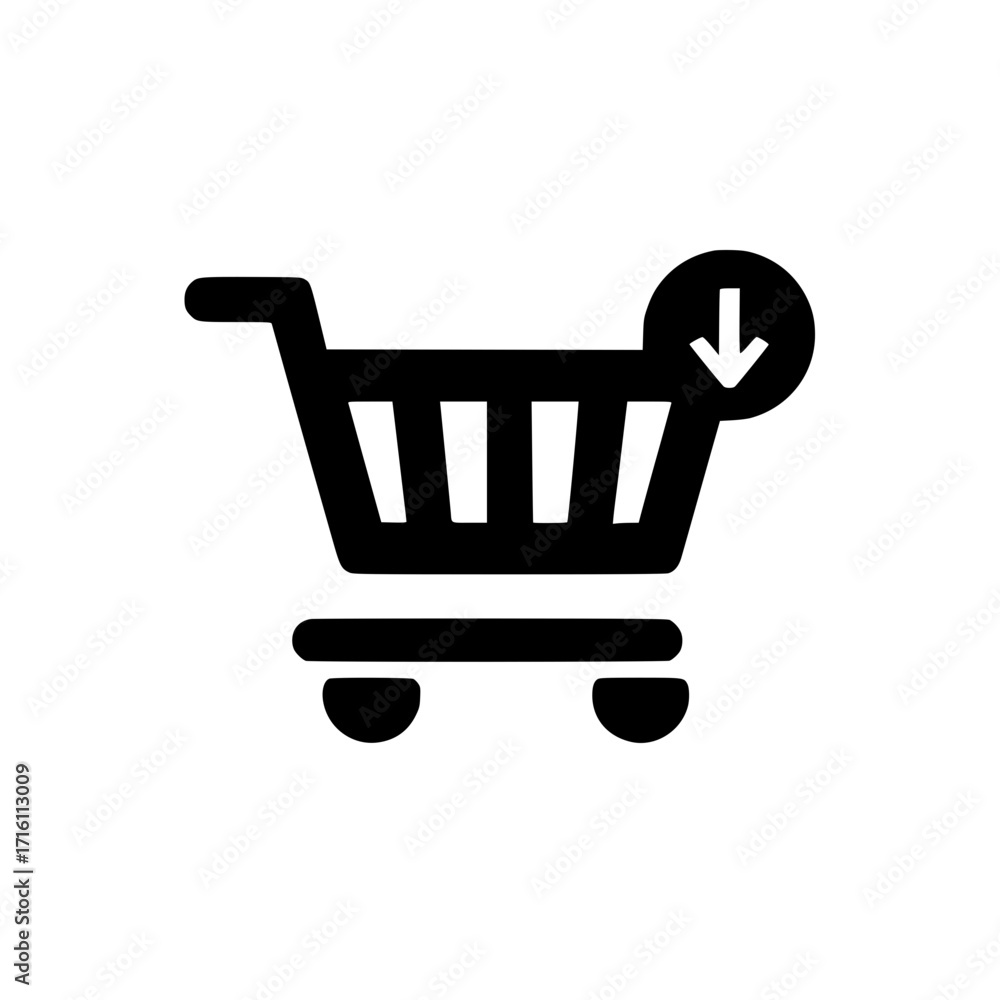 Poster shopping cart and downward arrow icon symbolizing digital transaction or shopping navigation