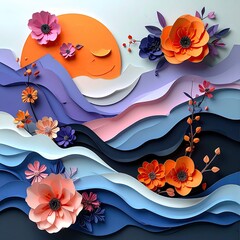 Papercrafted floral landscape with stylized, undulating waves in blues, purples, and pinks; an orange sun smiles serenely above