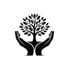 Obraz premium Stylized tree growing within protective hands vector illustration scalable eps icon silhouette vector illustration white background