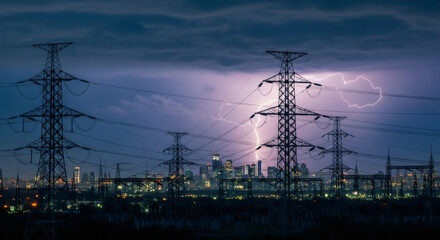 Lightning striking near power line during thunder storm at night. Energy grid infrastructure delivering electricity to city.