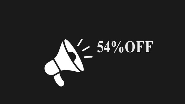 White megaphone announcing fifty four percent off sale promotion announcement graphic with radiating lines on black background for advertising and marketing campaigns