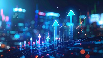 Glowing blue arrows ascend against a blurred cityscape, highlighting financial growth and market trends