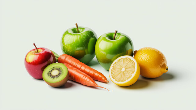 Assortment of Fresh Fruits and Vegetables Including Apples Carrots Kiwi and Lemon red apple green apple