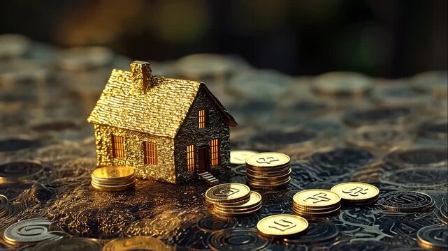 Rustic stone house with scattered gold coins, rural wealth, savings, investment, asset growth, and countryside property value.