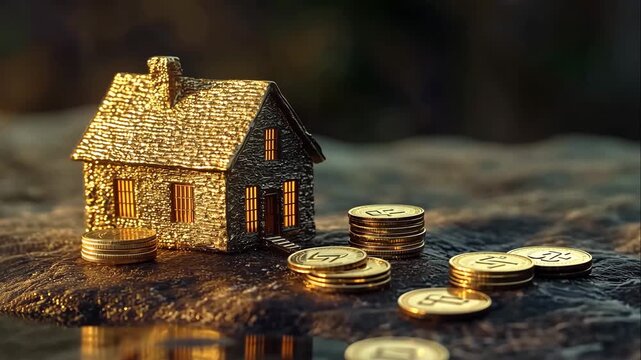 Small rural house sits by piles and scattered gold coins, symbolizing countryside property, asset management, financial growth, and land.