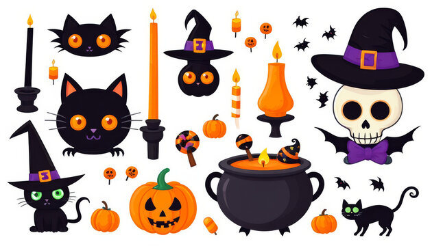 Cute Halloween clipart set with cats, pumpkins, skulls and candles