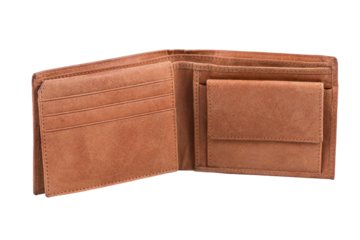 Brown leather wallet open with card slots and coin pocket isolated