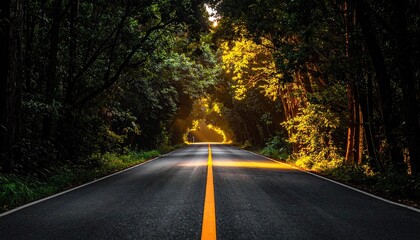 Fototapeta premium Sunlit asphalt road disappearing into a lush, dark green tunnel of trees, the yellow line prominent against the dark surface
