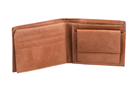 Brown leather wallet open with card slots and coin pocket isolated