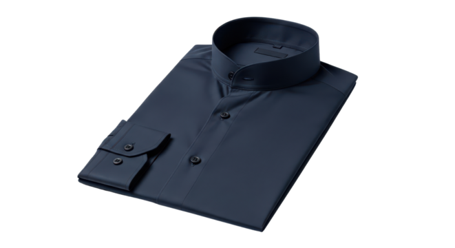 High-Angle Dark Blue Men's Dress Shirt Product Shot with Stand Collar Isolated on White