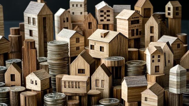 Miniature houses and tall coin piles create a financial landscape, focusing on assets, ownership, business, investment, and value.