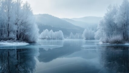 Frozen lake reflects winter mountains