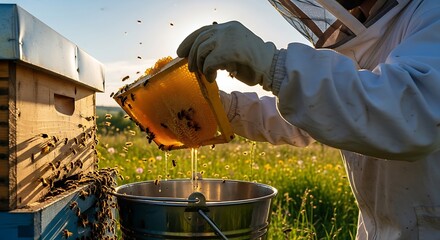 Beekeeper harvesting fresh golden honey from a honeycomb outdoors