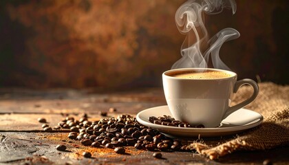 Aromatic Coffee Cup on Rustic Wood Table with Coffee Beans Burlap in Warm Hues Vapor in Studio Shot