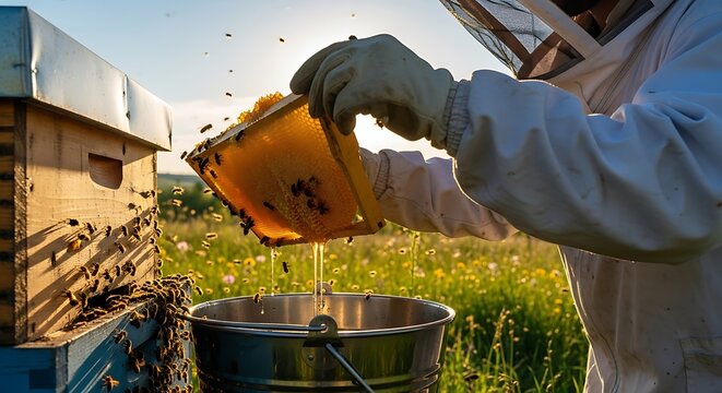 Beekeeper harvesting fresh golden honey from a honeycomb outdoors