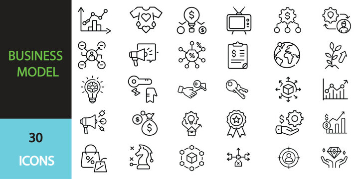 Business Model  icon set.  Containing Partner, Marketing, Start Up, Business, Retail, Revenue, BMC, businessman. Editable stroke. Vector illustration transparent