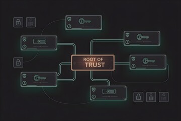 Abstract digital root of trust concept showing network security and data p