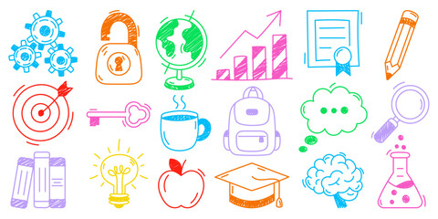 Colorful education doodle icons set. Hand drawn vector sketch of school supplies, learning elements, science and study symbols isolated on white background