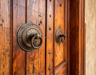 Fototapeta premium Ornate wooden door with aged brass handles