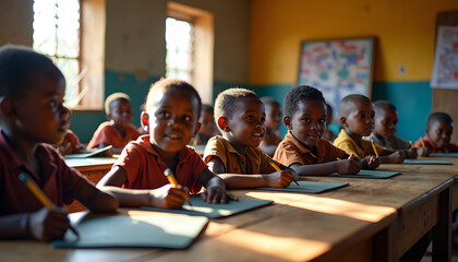 Rural African Classroom with Children Learning and Teacher Guiding, Educational Scene