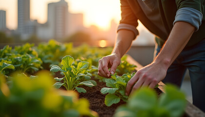 Young Man Tending Urban Rooftop Garden at Sunrise, Sustainable City Gardening Scene