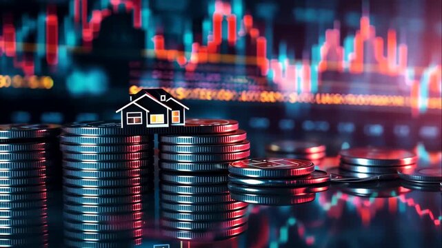 Financial planning scene, house and coins with city chart, investment, asset, and colorful market analytics trending upwards.