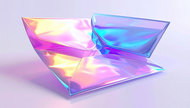 Abstract iridescent geometric forms, pastel hues, glossy, folded, overlapping,  reflecting light, smooth surfaces, minimal background