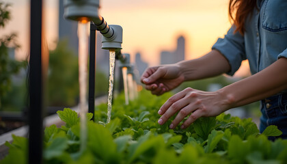 Woman Watering Plants in Sustainable Urban Rooftop Garden at Twilight, Eco-Lifestyle Scene