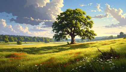 Fototapeta premium Dreamy Landscape with Lush Green Tree in a Meadow Under a Cloudy Blue Sky with Bokeh Lights and Festive Style in Abstract Illustration