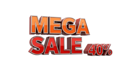 3D Render Glossy Red and Orange "MEGA SALE 40%" Text Isolated on White Background