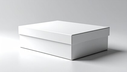 A plain, rectangular white cardboard box sits on a light gray surface, casting a subtle shadow.  Its lid is closed