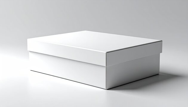 A plain, rectangular white cardboard box sits on a light gray surface, casting a subtle shadow.  Its lid is closed