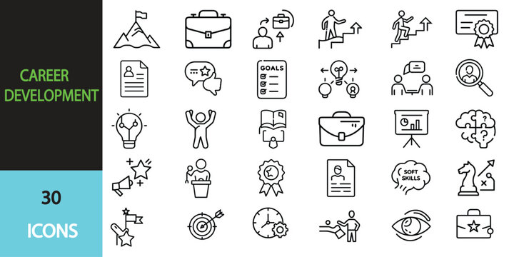 Career Development icon set. Containing skills, practice, knowledge, training, mentorship. Editable stroke. Vector illustration transparent
