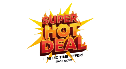 "Super Hot Deal" text vector badge with fire flames and explosion starburst isolated on white background